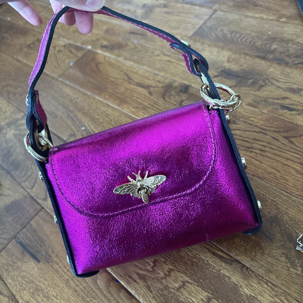 Metallic Fuchsia Leather Compact Bag with Studs and Bees
